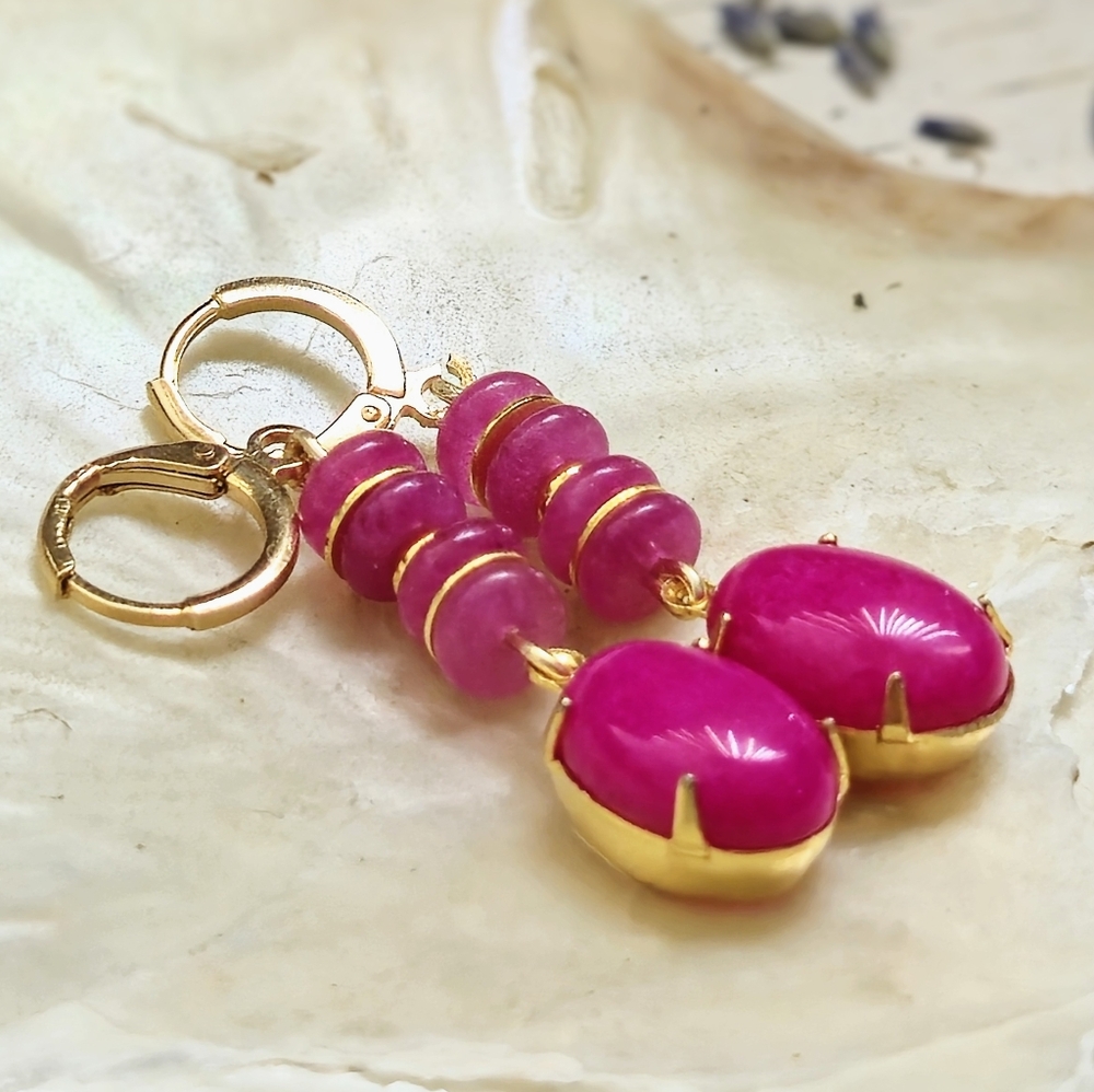 Fuchsia Hot Pink Jade In Drop Down 18K Gold Plated Earrings - Picture 4 of 7